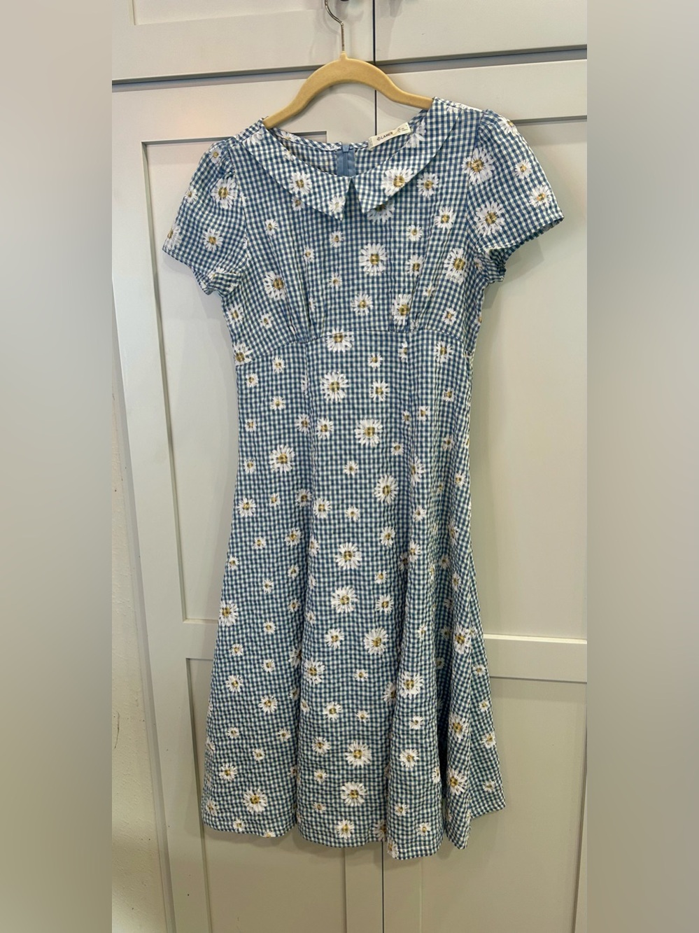 Retro Lamer  Blue Gingham Seersucker Daisy Midi Dress SZ S Coquette Cottagecore